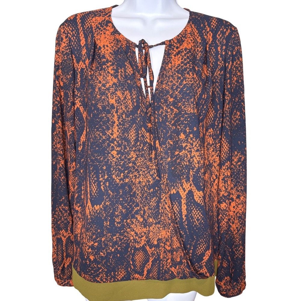 CAbi‎ Womens Orange Navy Blue Snakeskin Print Tie Front Blouse Sz L